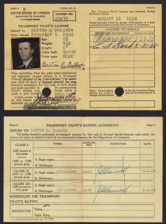 R.B. Baldwin Civil Transport License Issued February 1, 1934 (Source: Baldwin Family)